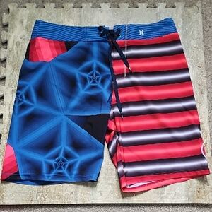 Hurley Blue & Red Geometric-Striped Swim Board Shorts